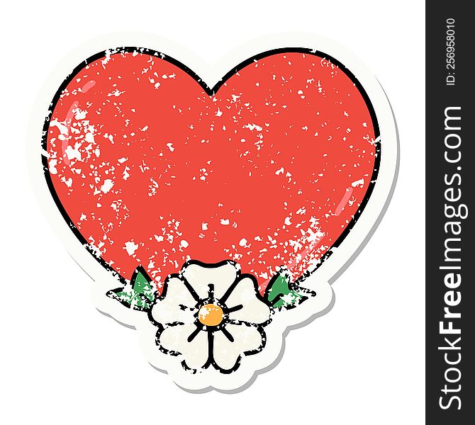 Traditional Distressed Sticker Tattoo Of A Heart And Flower