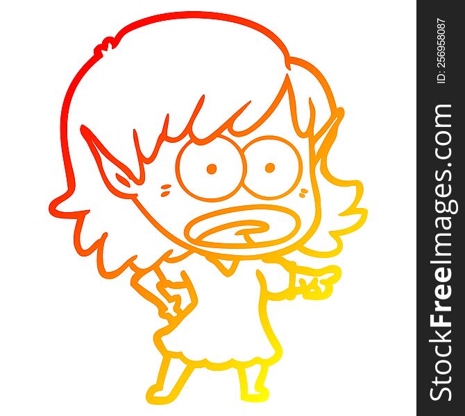 warm gradient line drawing of a cartoon shocked elf girl pointing