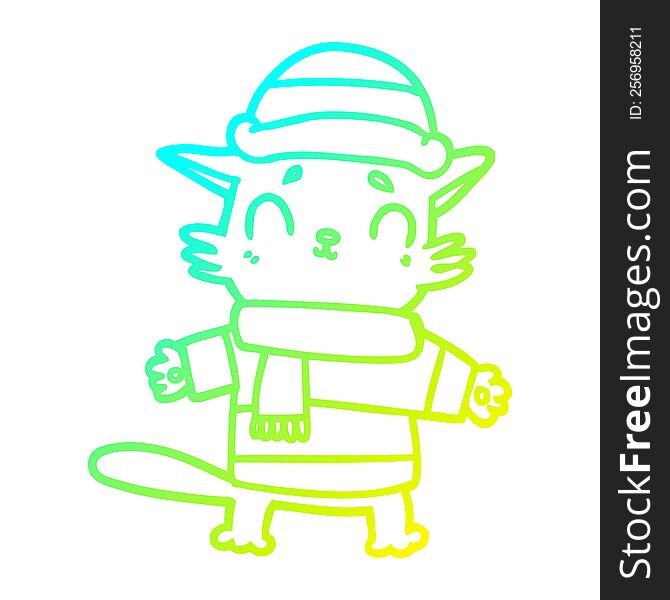 cold gradient line drawing of a cartoon cat in winter clothes