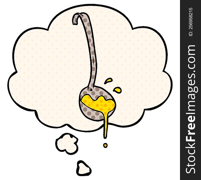 cartoon ladle of soup with thought bubble in comic book style