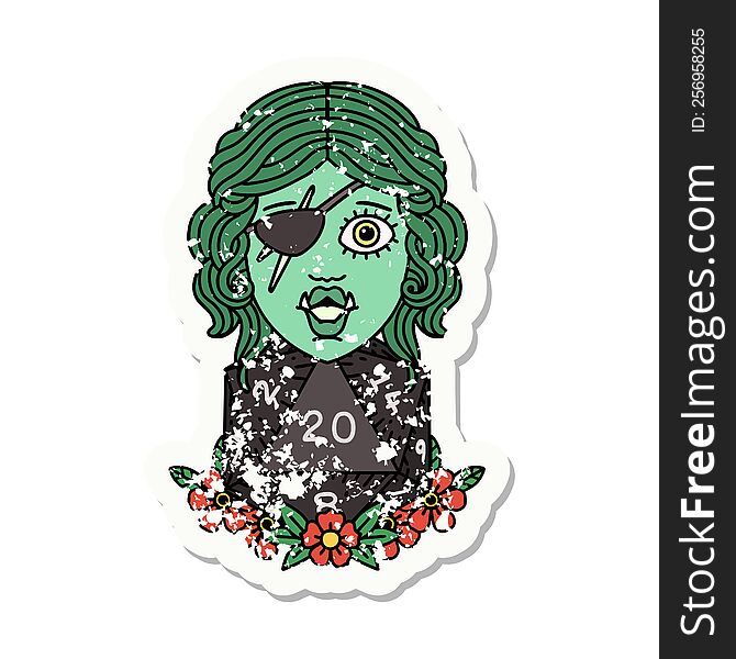 grunge sticker of a half orc rogue with natural 20 dice roll. grunge sticker of a half orc rogue with natural 20 dice roll