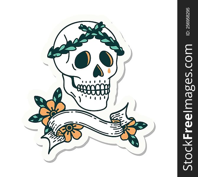 tattoo style sticker with banner of a skull with laurel wreath crown