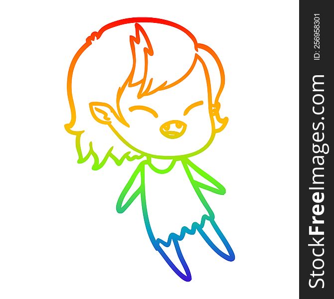 rainbow gradient line drawing of a cartoon laughing vampire girl floating