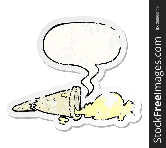 Cartoon Dropped Ice Cream And Speech Bubble Distressed Sticker