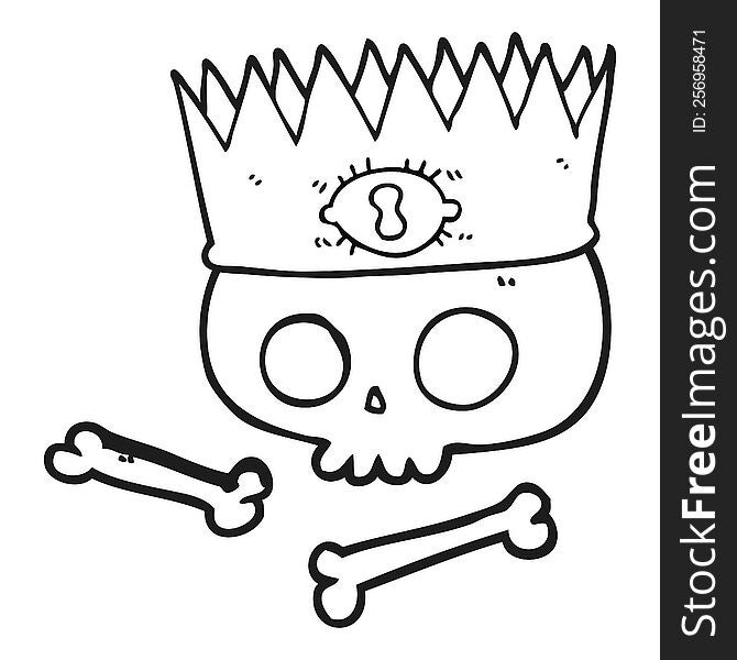 freehand drawn black and white cartoon magic crown on old skull
