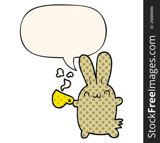 Cute Cartoon Rabbit Drinking Coffee And Speech Bubble In Comic Book Style