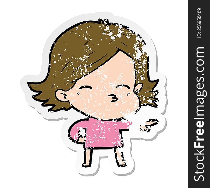 distressed sticker of a cartoon woman pointing