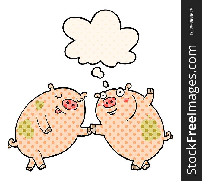 Cartoon Pigs Dancing And Thought Bubble In Comic Book Style