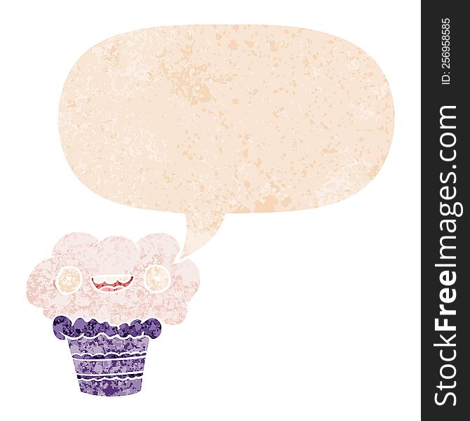 cartoon cupcake and speech bubble in retro textured style