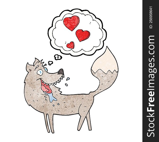 freehand drawn thought bubble textured cartoon wolf in love