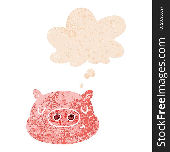 Cartoon Pig Face And Thought Bubble In Retro Textured Style