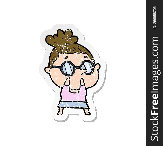 Distressed Sticker Of A Cartoon Woman Wearing Glasses