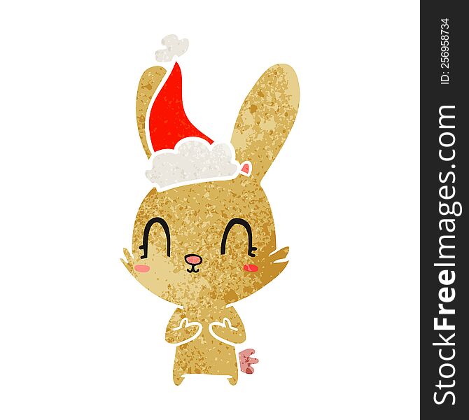 Cute Retro Cartoon Of A Rabbit Wearing Santa Hat