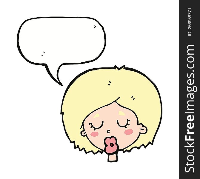 cartoon woman with eyes closed with speech bubble