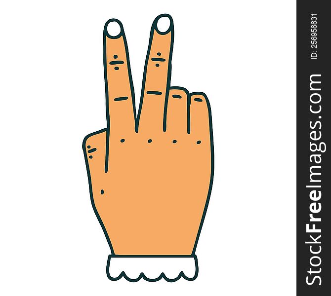 Retro Tattoo Style hand raising two fingers gesture. Retro Tattoo Style hand raising two fingers gesture