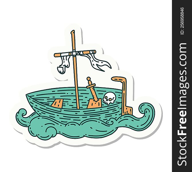 sticker of tattoo style empty boat with skull