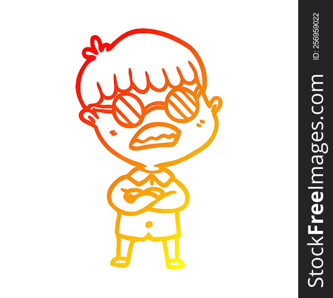 warm gradient line drawing of a cartoon boy with crossed arms wearing spectacles