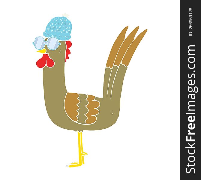 Flat Color Illustration Of A Cartoon Chicken Wearing Spectacles And Hat