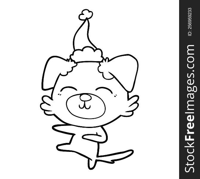 hand drawn line drawing of a dog kicking wearing santa hat