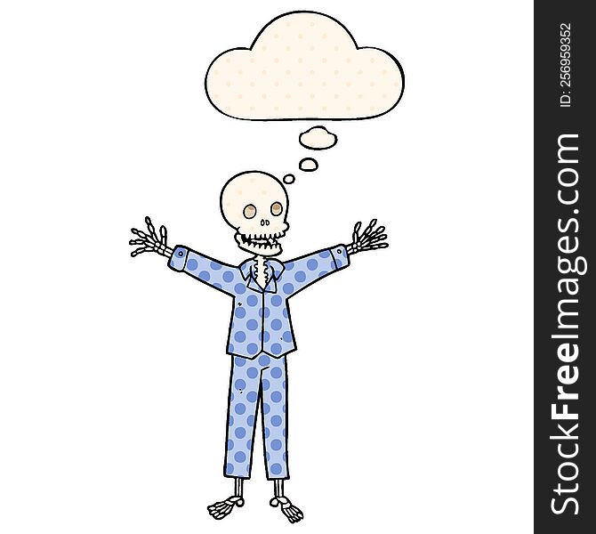 cartoon skeleton wearing pajamas with thought bubble in comic book style