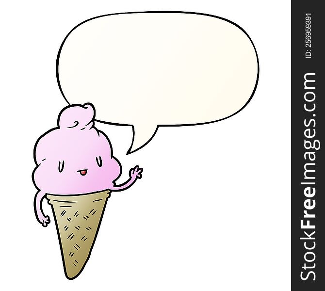cute cartoon ice cream with speech bubble in smooth gradient style