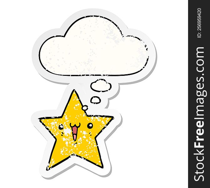 happy cartoon star with thought bubble as a distressed worn sticker