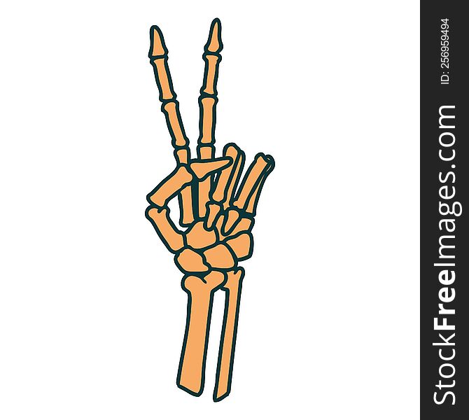 tattoo style icon of a skeleton hand giving a peace sign