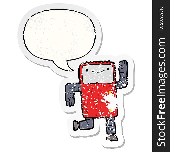 cartoon robot with speech bubble distressed distressed old sticker. cartoon robot with speech bubble distressed distressed old sticker