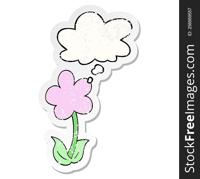 cute cartoon flower with thought bubble as a distressed worn sticker