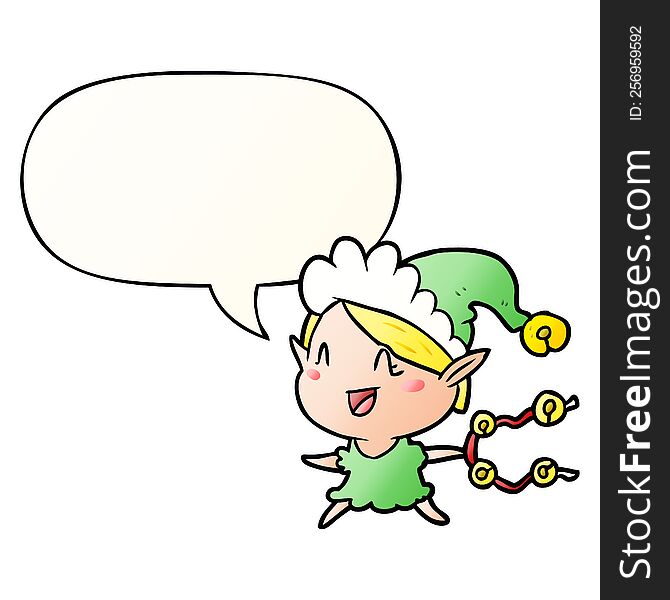 Cartoon Happy Christmas Elf And Speech Bubble In Smooth Gradient Style