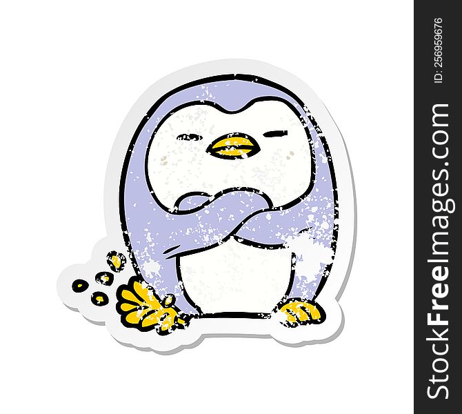 distressed sticker of a cartoon penguin tapping foot