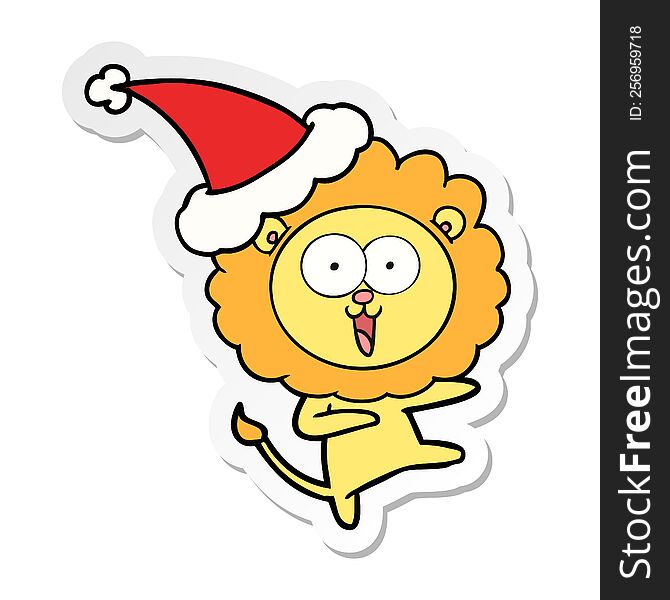 Happy Sticker Cartoon Of A Lion Wearing Santa Hat