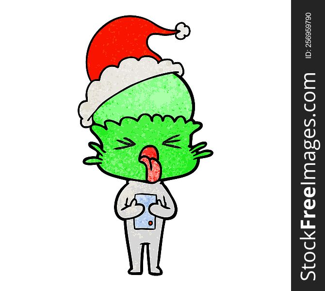 Disgusted Textured Cartoon Of A Alien Wearing Santa Hat