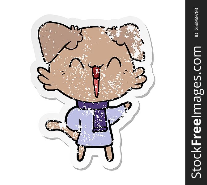 distressed sticker of a happy little cartoon dog in winter clothes