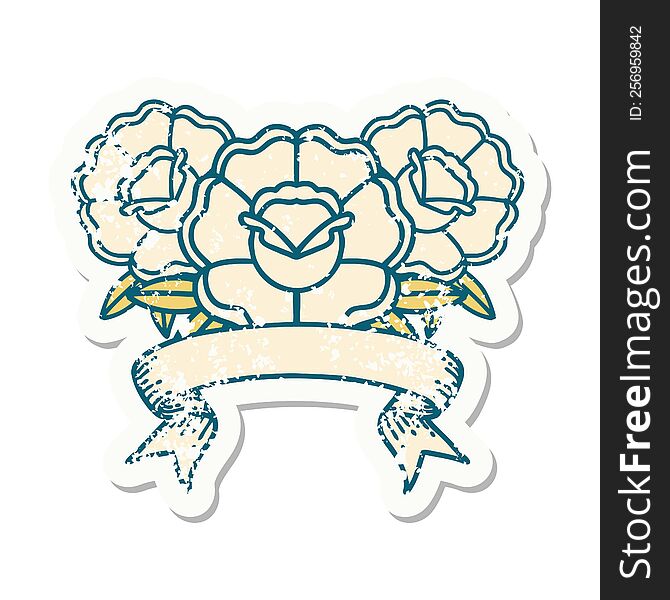 grunge sticker with banner of a bouquet of flowers