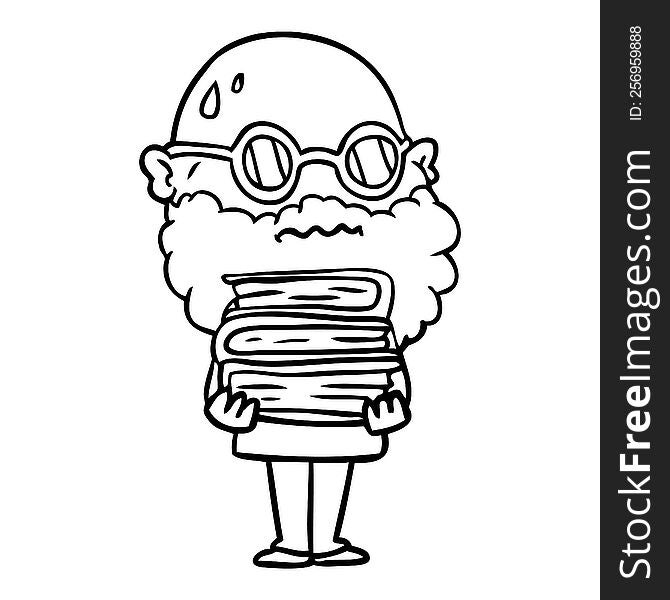 cartoon worried man with beard and stack of books. cartoon worried man with beard and stack of books