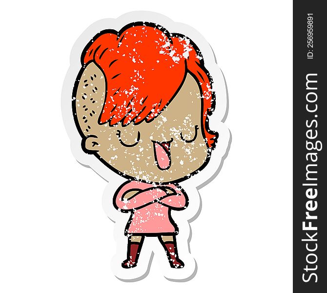 Distressed Sticker Of A Cute Cartoon Girl With Hipster Haircut