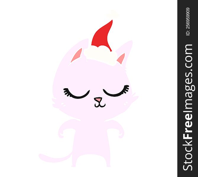 Calm Flat Color Illustration Of A Cat Wearing Santa Hat