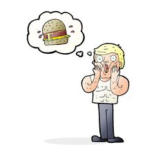 Cartoon Shocked Man Thinking About Junk Food Royalty Free Stock Photo