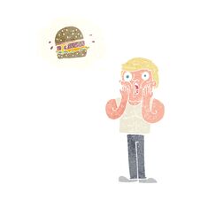 Cartoon Shocked Man Thinking About Junk Food Royalty Free Stock Photography