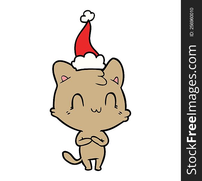 hand drawn line drawing of a happy cat wearing santa hat