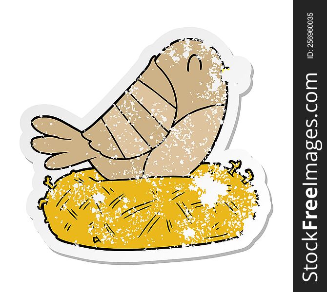 distressed sticker of a cartoon bird sitting on nest