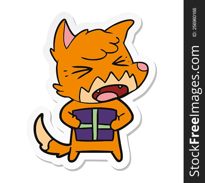 Sticker Of A Angry Cartoon Fox With Christmas Present