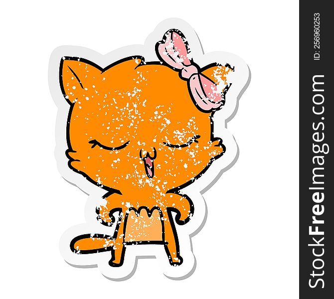 Distressed Sticker Of A Cartoon Cat With Bow On Head