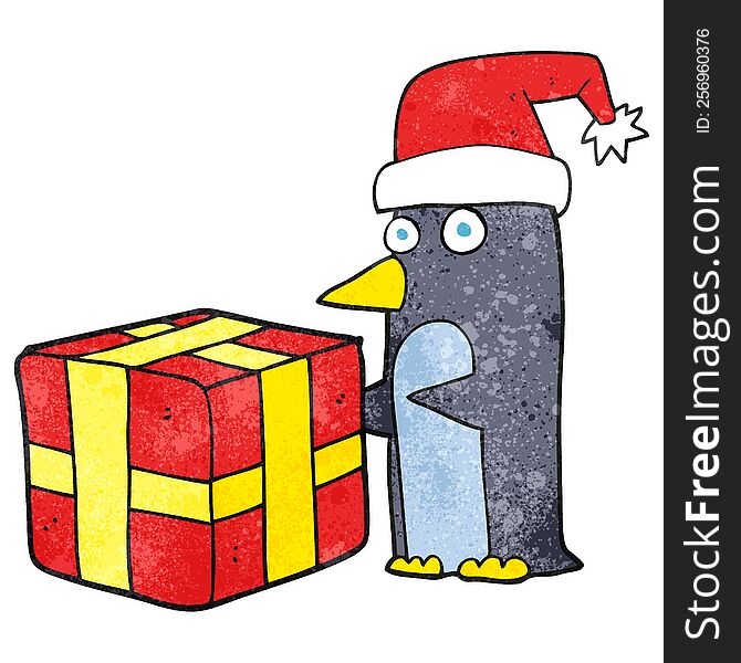 freehand textured cartoon christmas penguin with present
