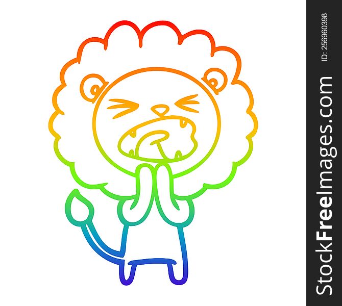 rainbow gradient line drawing of a cartoon lion praying