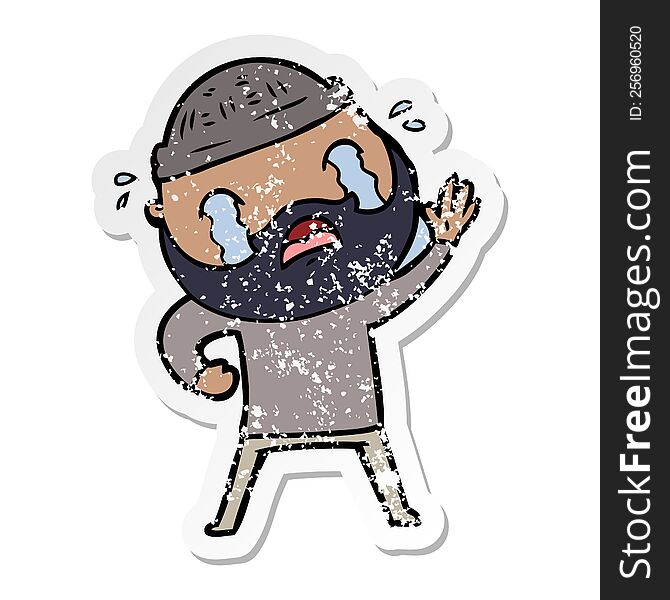 Distressed Sticker Of A Cartoon Bearded Man Waving And Crying