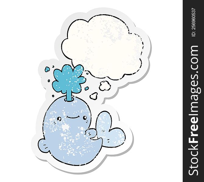 cartoon whale spouting water and thought bubble as a distressed worn sticker