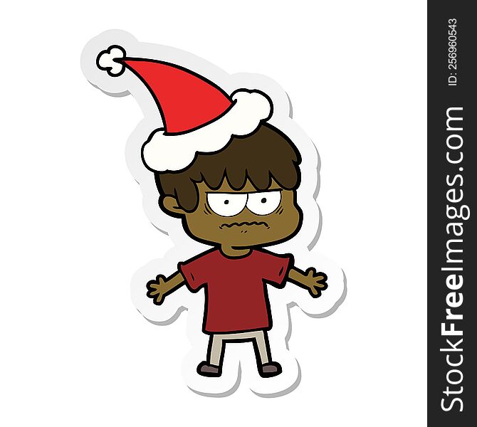 Annoyed Sticker Cartoon Of A Boy Wearing Santa Hat