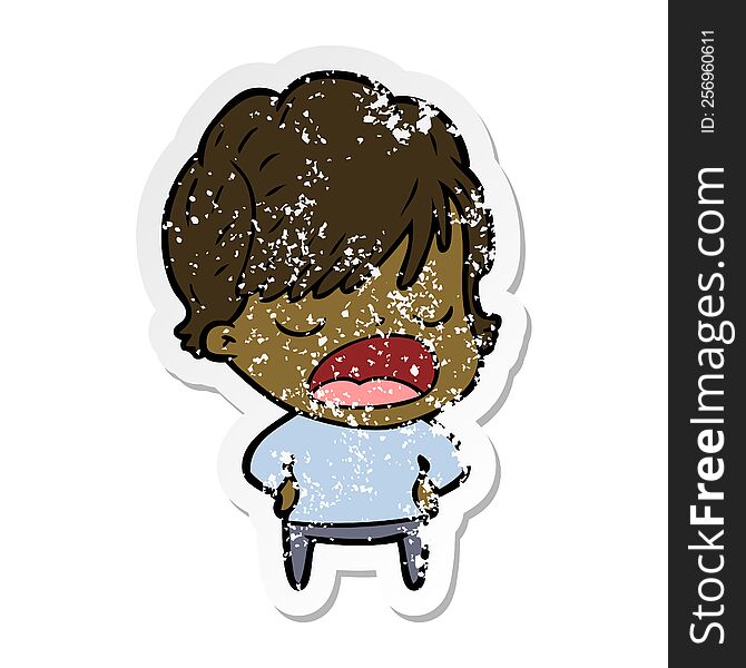 Distressed Sticker Of A Cartoon Woman Talking